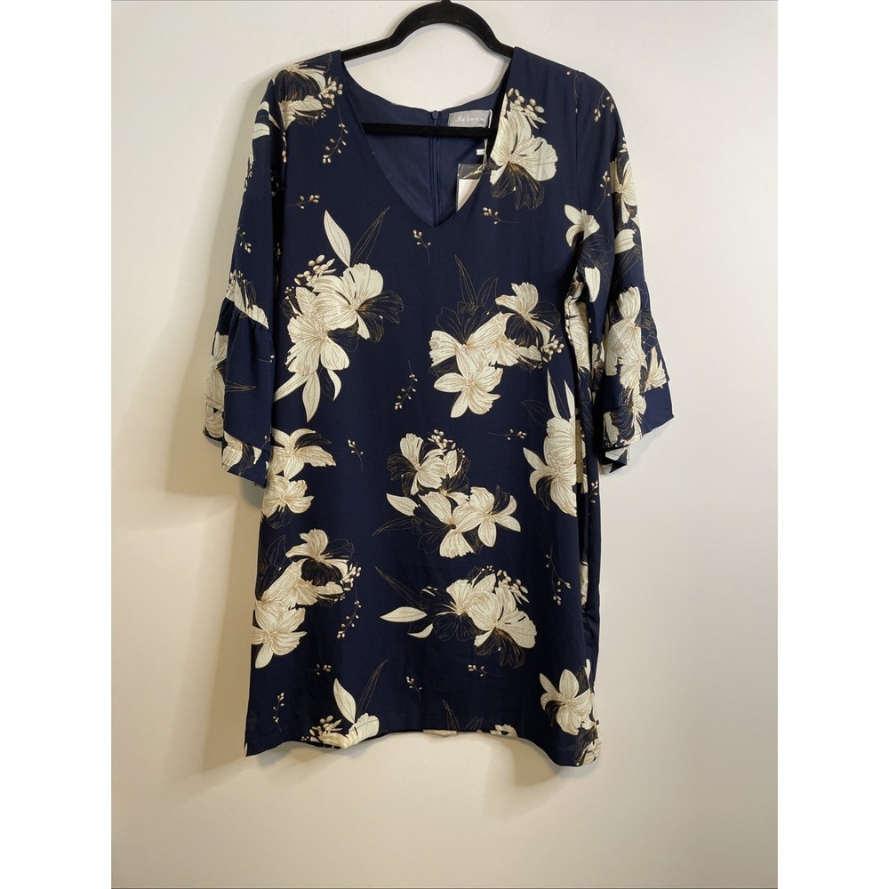 Belongsci‎ XL Navy Floral Shift Dress V Neck Bell Sleeve Casual Mini Dress